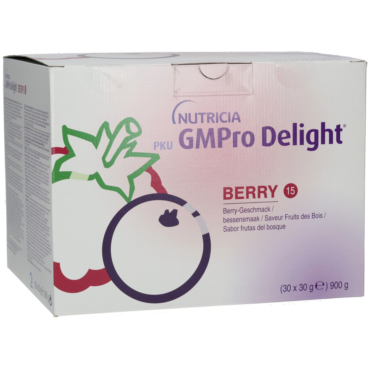 Karton NUTRICIA PKU GMPro Delight Berry 15. Aufschrift: Berry-Geschmack, 900 g. Abbildung einer Beere.