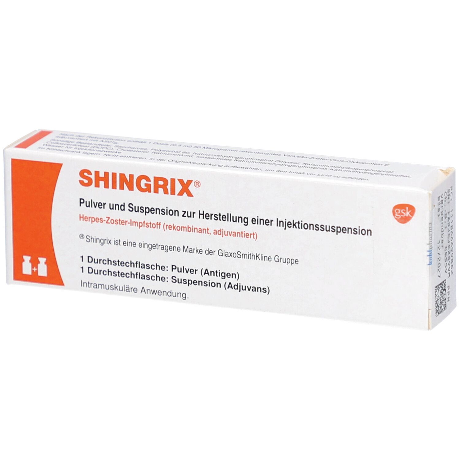Schachtel mit SHINGRIX-Aufdruck. Enthält Pulver und Suspension zur Herstellung einer Injektionssuspension. Marke GlaxoSmithKline.