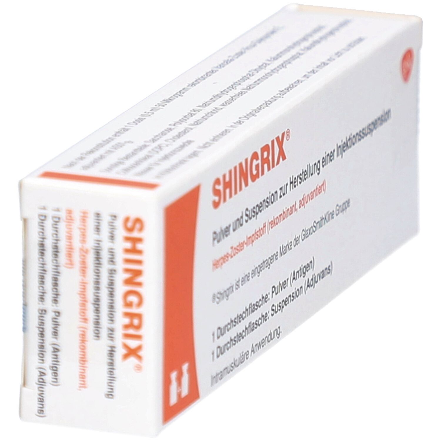 Schachtel SHINGRIX, orangefarbenes Design. Enthält Pulver und Suspension zur Herstellung einer Injektionssuspension.