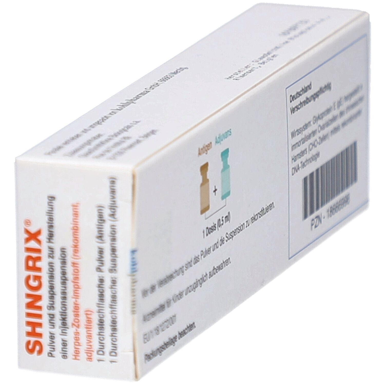 Schachtel SHINGRIX, zeigt Informationen über die Zusammensetzung und die Dosierung.