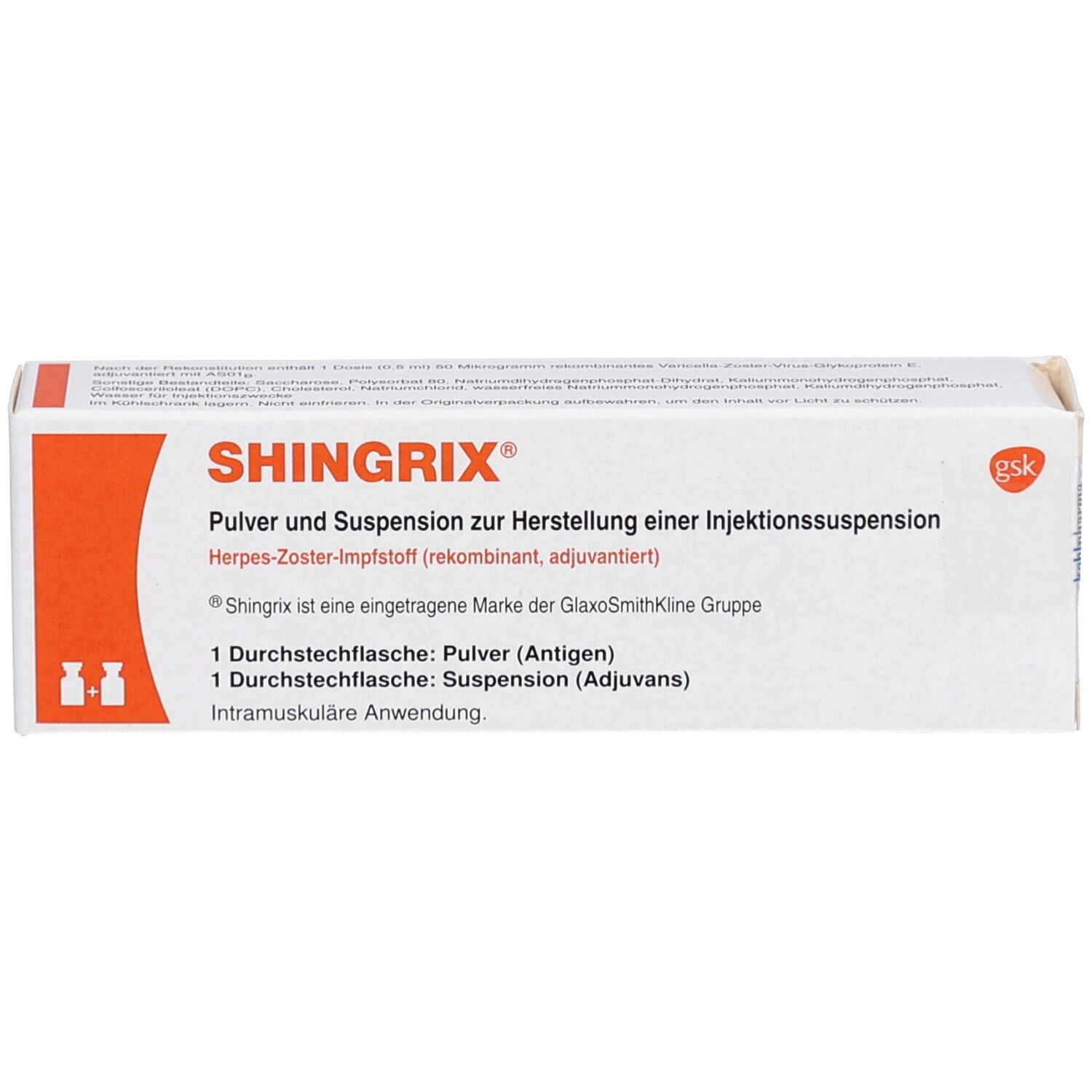 Schachtel mit SHINGRIX-Aufdruck. Enthält Pulver und Suspension zur Herstellung einer Injektionssuspension. Marke GlaxoSmithKline.