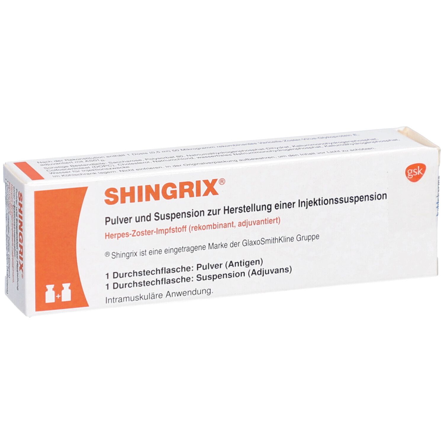 Schachtel mit SHINGRIX-Aufdruck. Enthält Pulver und Suspension zur Herstellung einer Injektionssuspension. Marke GlaxoSmithKline.