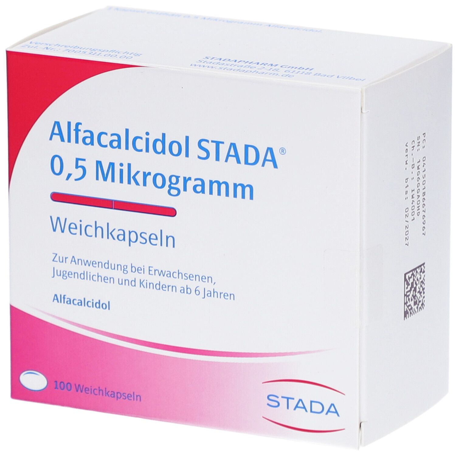 Weichkapseln-Packung. Aufschrift: Alfcalcidol STADA 0,5 Mikrogramm. Rosa-weiße Verpackung. STADA-Logo. 100 Weichkapseln.