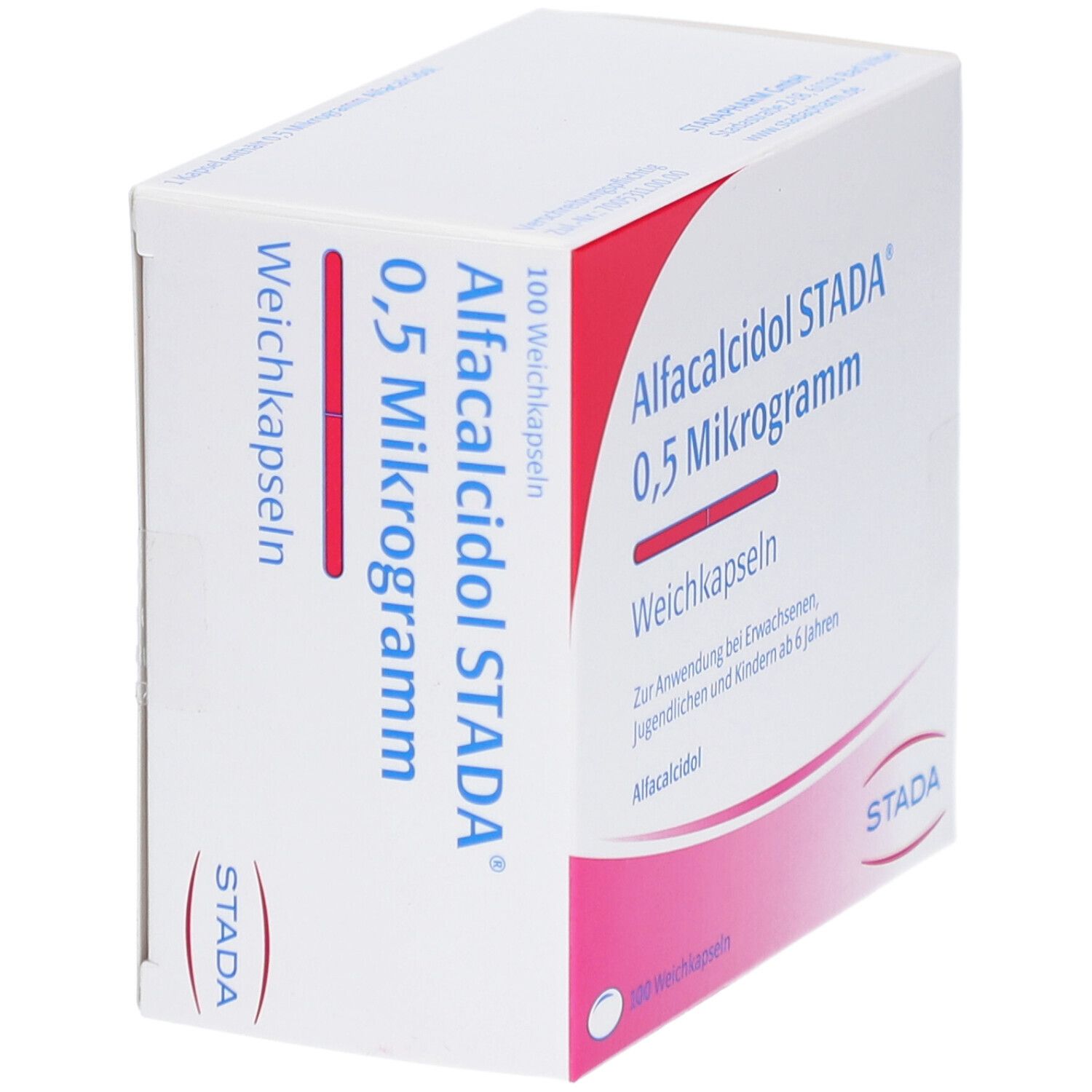 Weichkapseln-Packung. Aufschrift: Alfcalcidol STADA 0,5 Mikrogramm. Rosa-weiße Verpackung. STADA-Logo. 100 Weichkapseln.