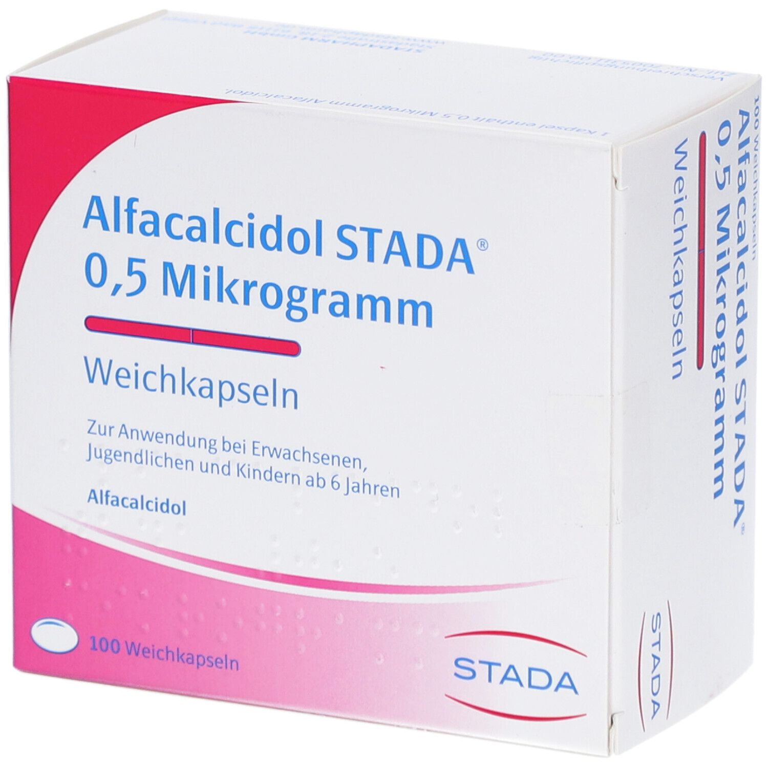 Weichkapseln-Packung. Aufschrift: Alfcalcidol STADA 0,5 Mikrogramm. Rosa-weiße Verpackung. STADA-Logo. 100 Weichkapseln.