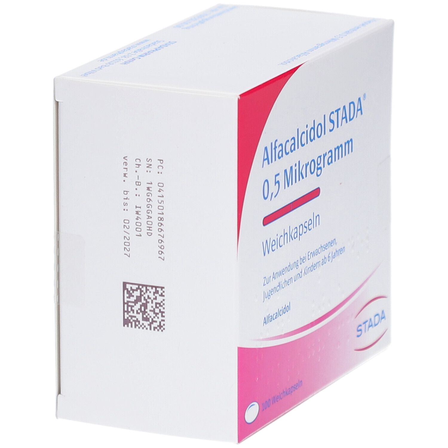Weichkapseln-Packung. Aufschrift: Alfcalcidol STADA 0,5 Mikrogramm. Rosa-weiße Verpackung. STADA-Logo. 100 Weichkapseln.