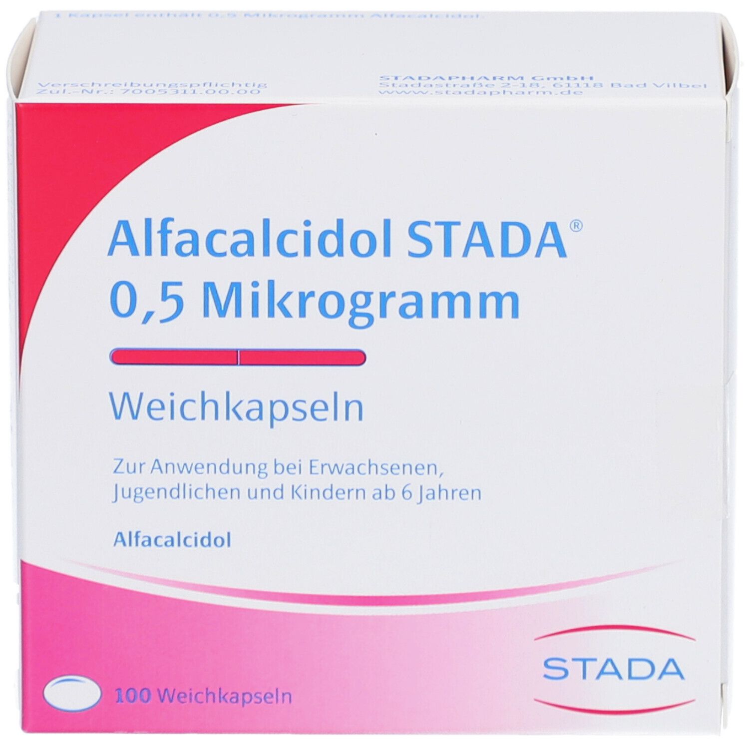 Weichkapseln-Packung. Aufschrift: Alfcalcidol STADA 0,5 Mikrogramm. Rosa-weiße Verpackung. STADA-Logo. 100 Weichkapseln.