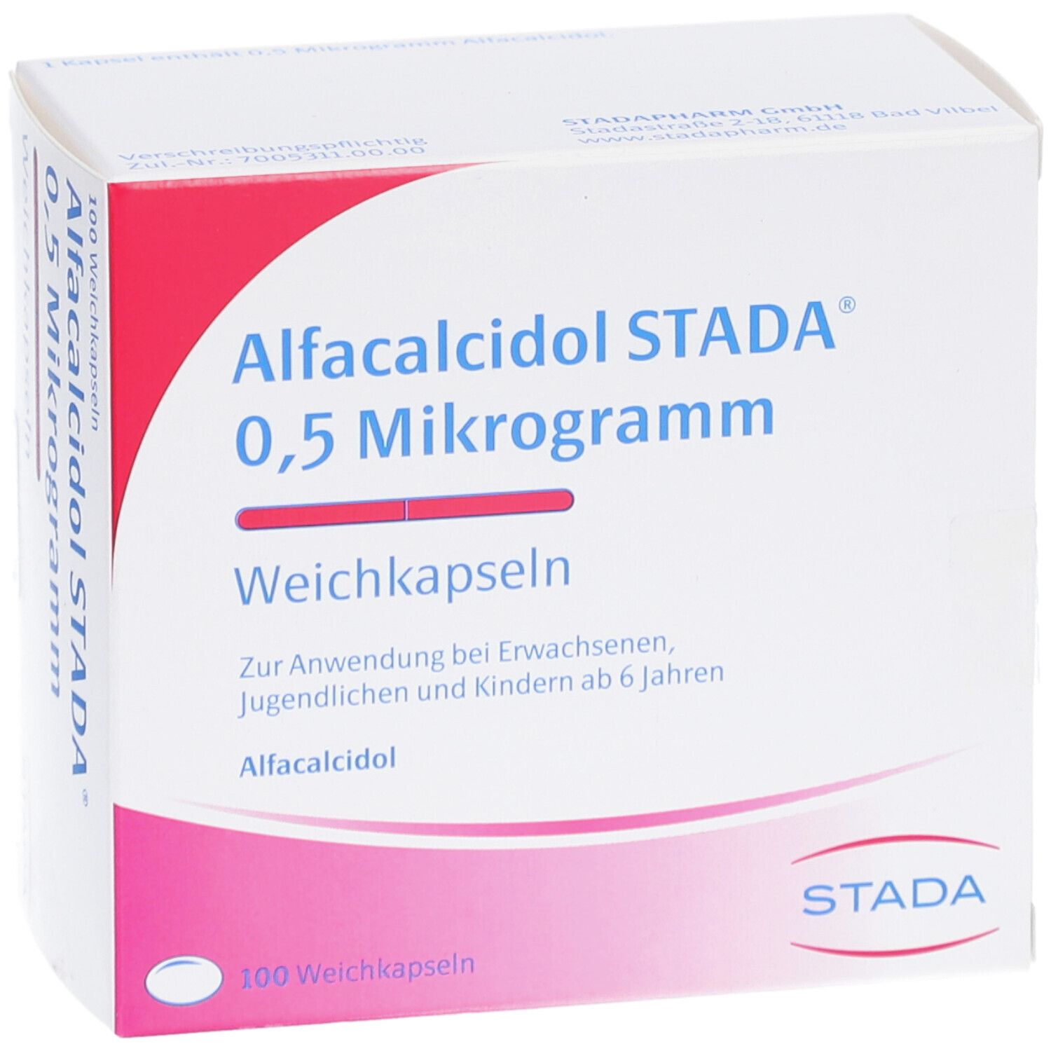 Weichkapseln-Packung. Aufschrift: Alfcalcidol STADA 0,5 Mikrogramm. Rosa-weiße Verpackung. STADA-Logo. 100 Weichkapseln.
