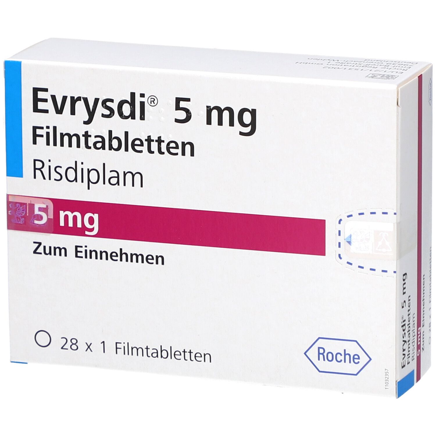 Schachtel mit EVRYSDI 5 mg Filmtabletten. Aufschrift: 5 mg, Risdiplam, Zum Einnehmen. 28 x 1 Filmtabletten. Roche Logo.