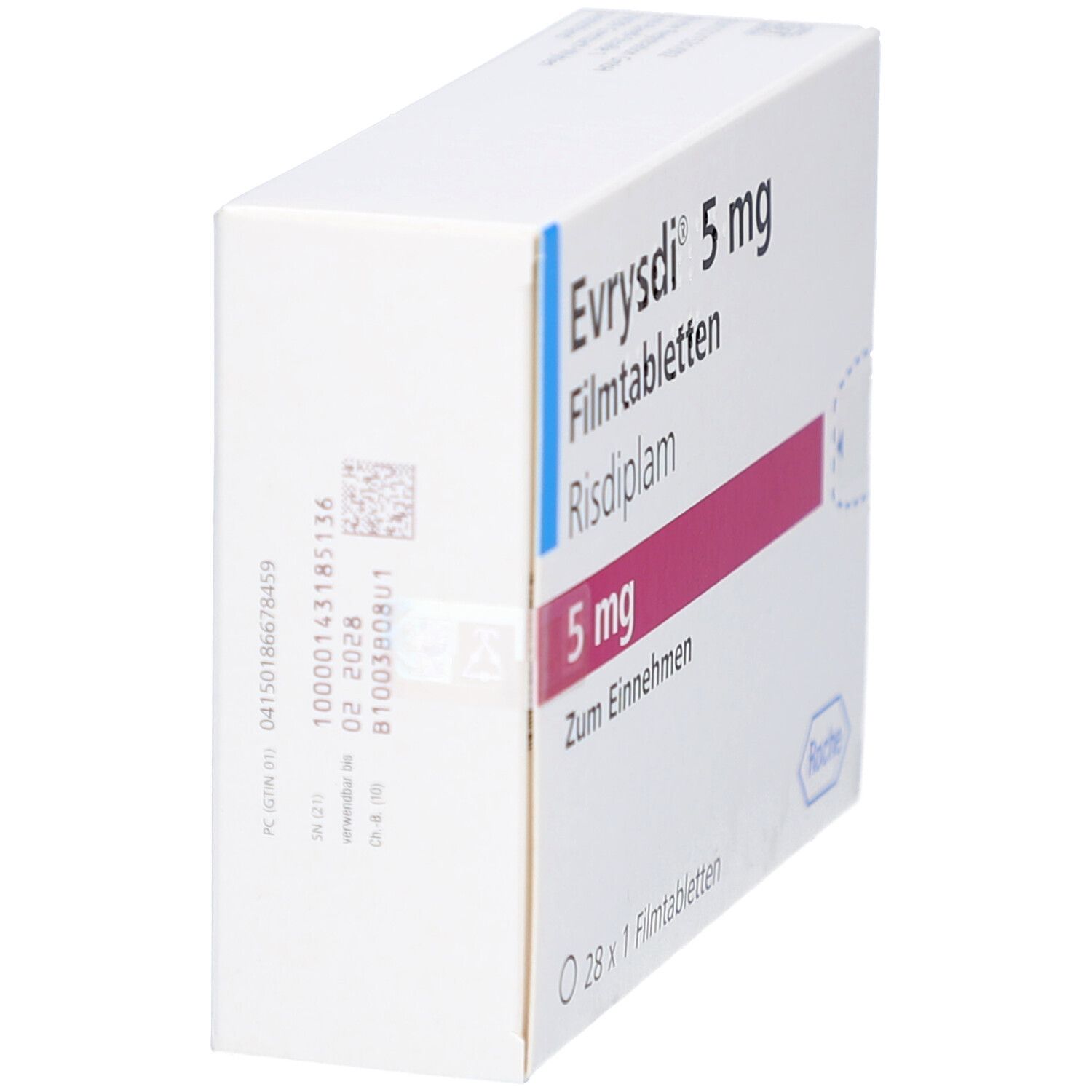 Seitenansicht der Schachtel mit EVRYSDI 5 mg Filmtabletten. Aufdruck: 5 mg, Risdiplam, Zum Einnehmen. Mit Barcode und Verfallsdatum.