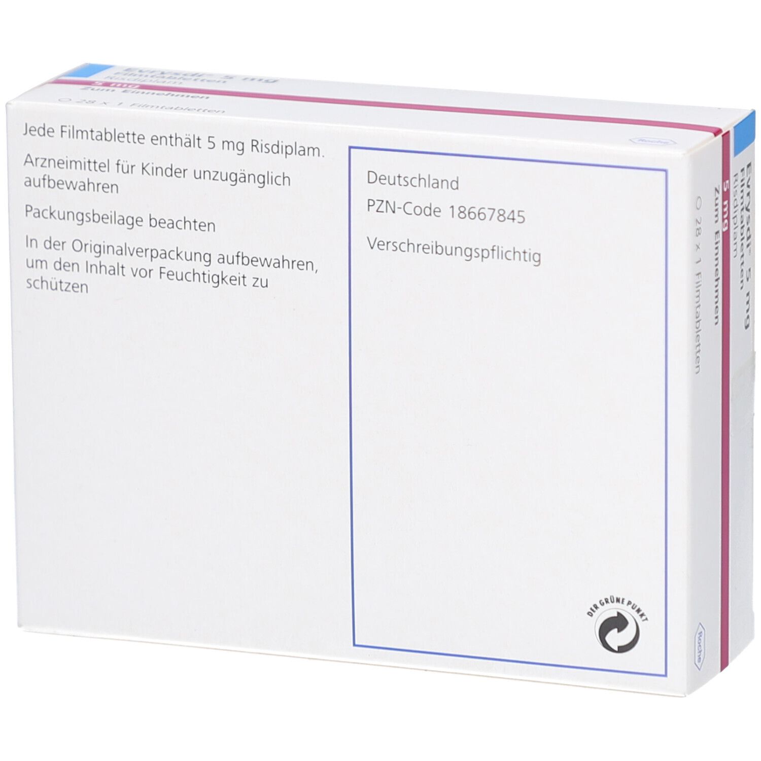 Rückseite der Schachtel mit EVRYSDI 5 mg Filmtabletten. Text: Enthält 5 mg Risdiplam. PZN-Code 18667845. Verschreibungspflichtig. Roche Logo.