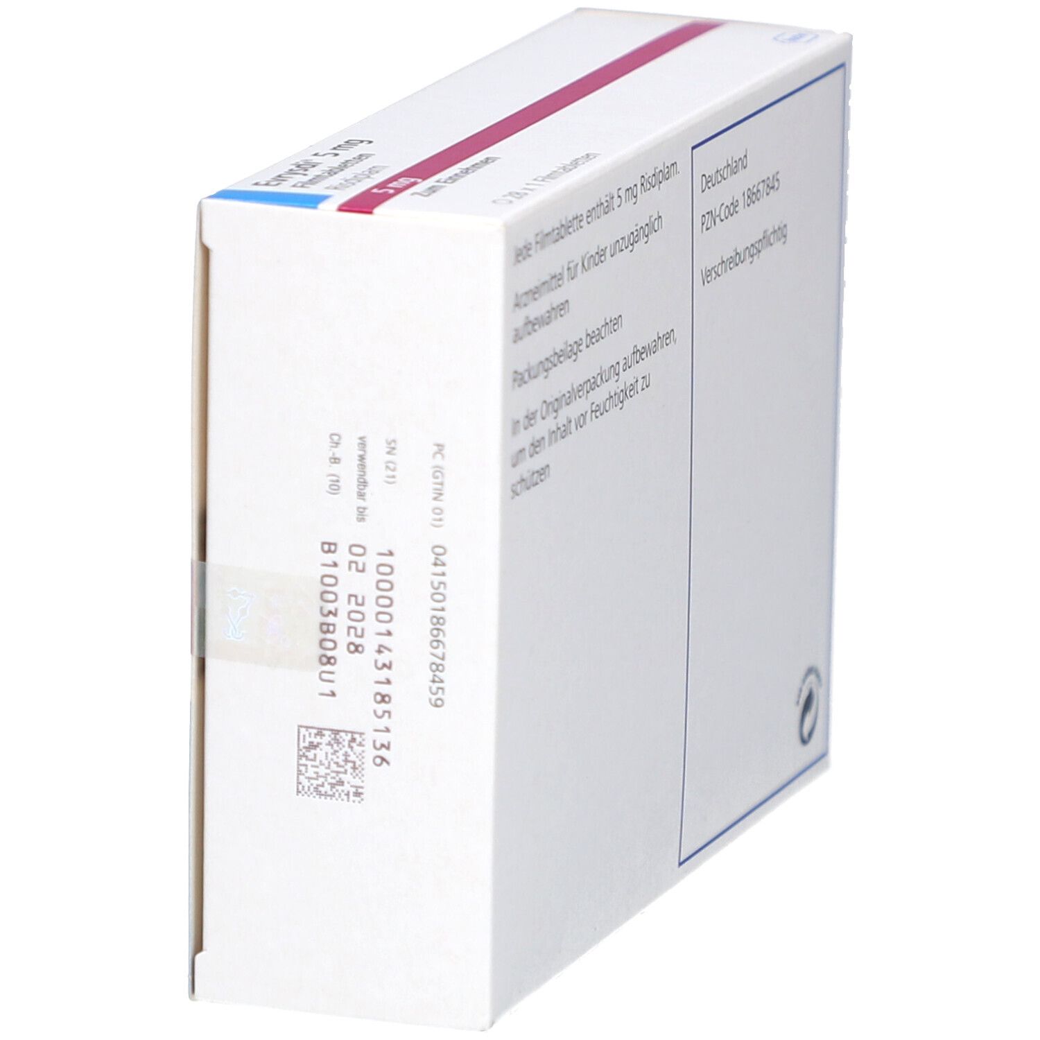 Seitenansicht der Schachtel mit EVRYSDI 5 mg Filmtabletten. Aufdruck: 5 mg, Risdiplam, Zum Einnehmen. Mit Barcode und Verfallsdatum.