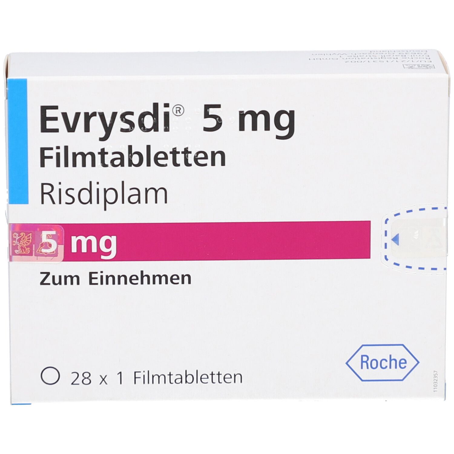 Schachtel mit EVRYSDI 5 mg Filmtabletten. Aufschrift: 5 mg, Risdiplam, Zum Einnehmen. 28 x 1 Filmtabletten. Roche Logo.