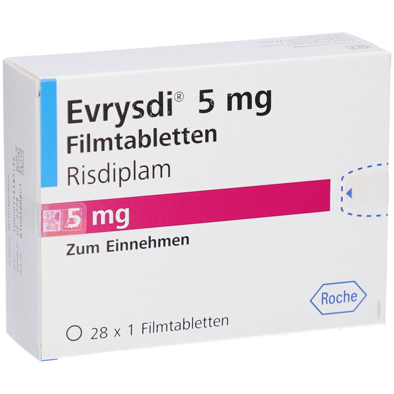 Schachtel mit EVRYSDI 5 mg Filmtabletten. Aufschrift: 5 mg, Risdiplam, Zum Einnehmen. 28 x 1 Filmtabletten. Roche Logo.