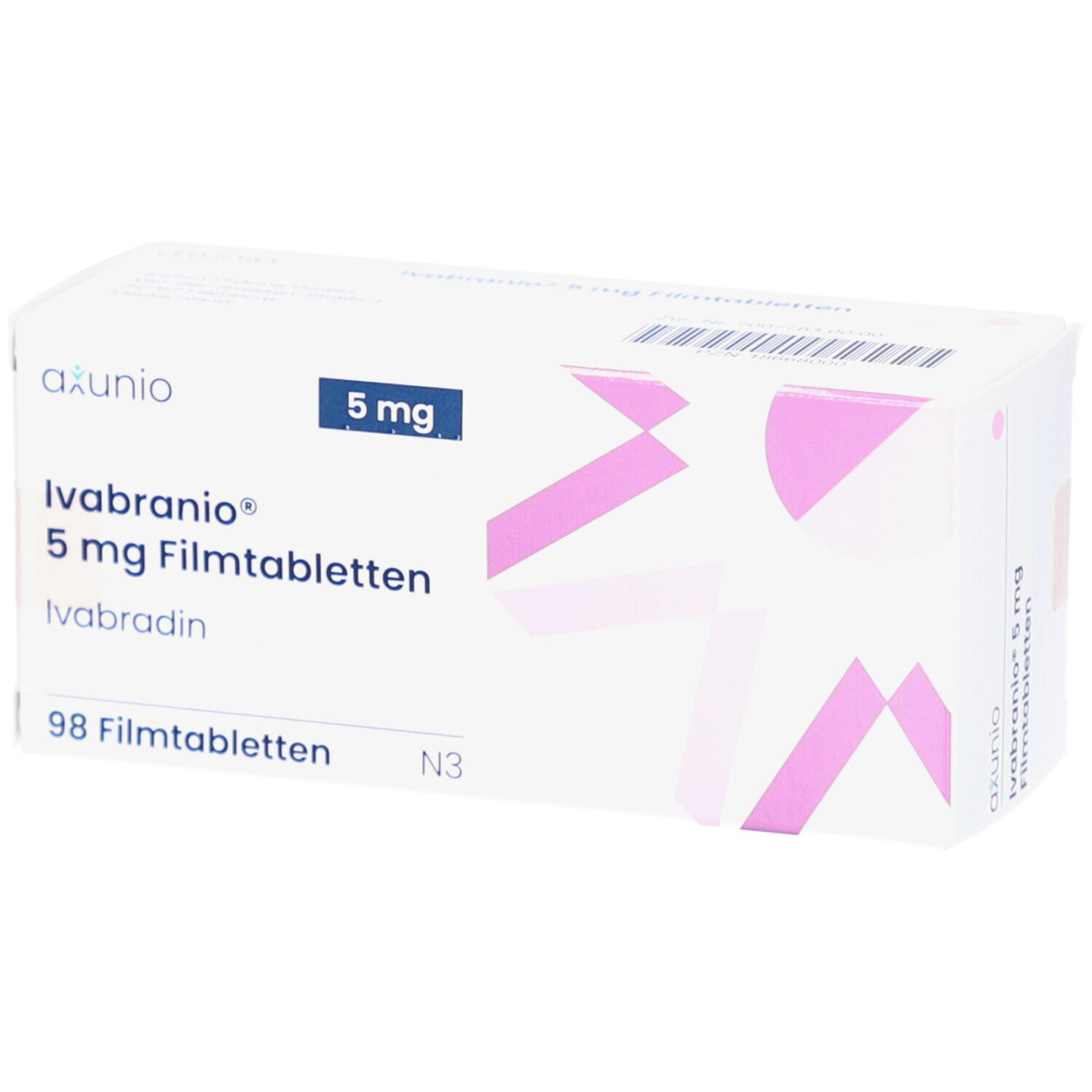 Schachtel mit IVABRANIO 5 mg Filmtabletten. Aufschrift: 5 mg, 98 Filmtabletten. Marke: axunio.