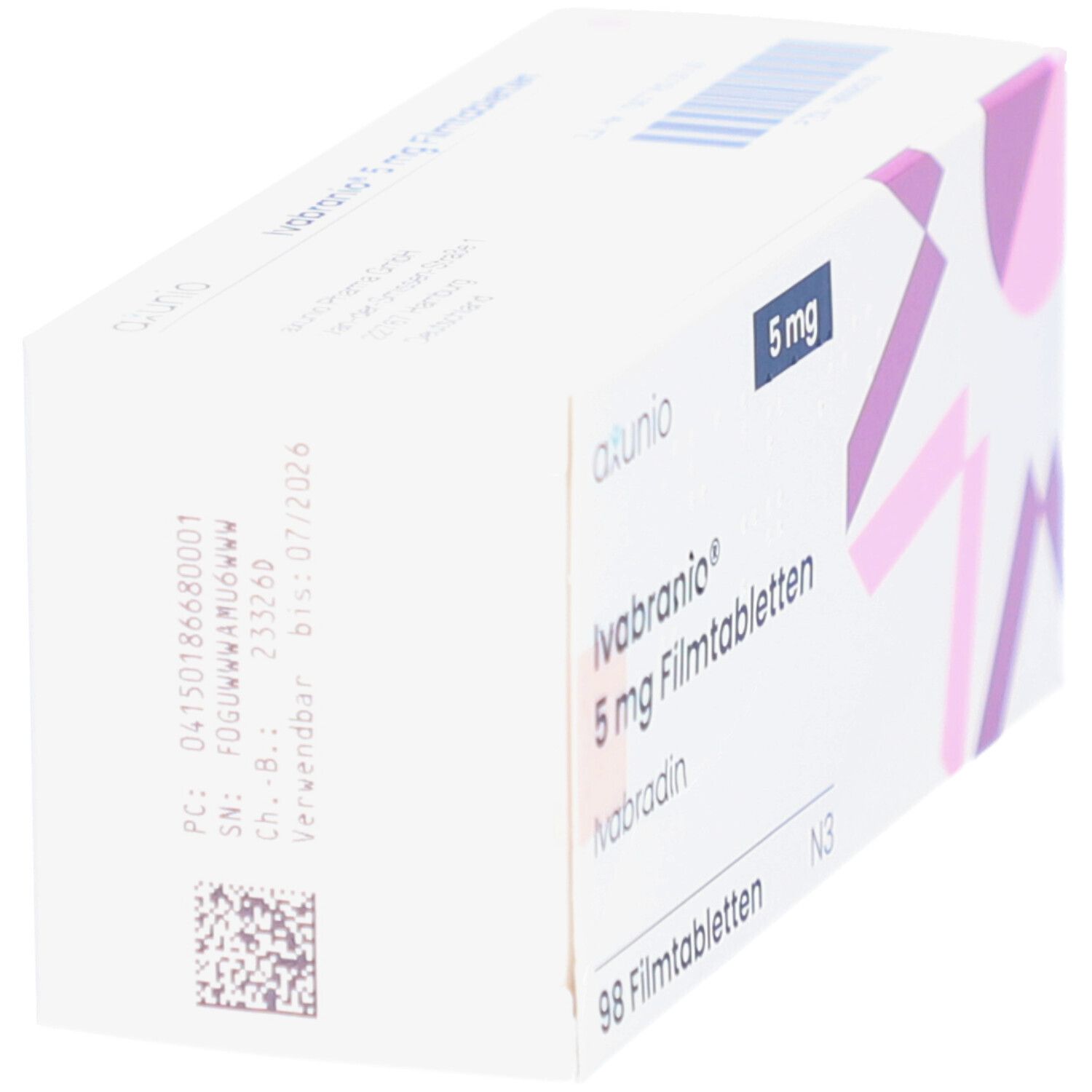 Schachtel IVABRANIO 5 mg Filmtabletten, schräg. Aufschrift: 5 mg, 98 Filmtabletten. Marke: axunio. Mit Barcode.