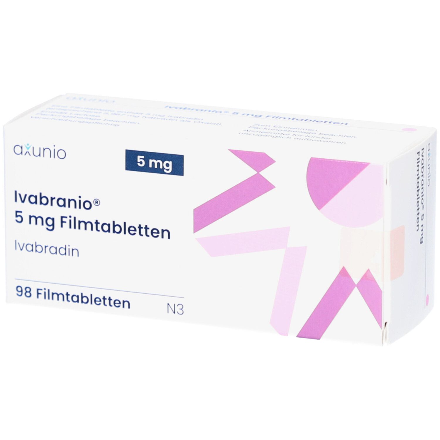 Schachtel mit IVABRANIO 5 mg Filmtabletten. Aufschrift: 5 mg, 98 Filmtabletten. Marke: axunio.