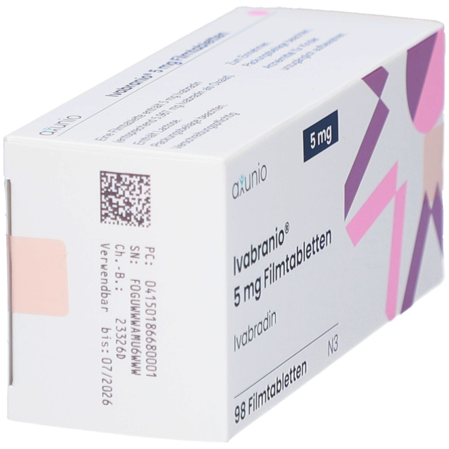 Schachtel IVABRANIO 5 mg Filmtabletten, schräg. Aufschrift: 5 mg, 98 Filmtabletten. Marke: axunio. Mit Barcode.