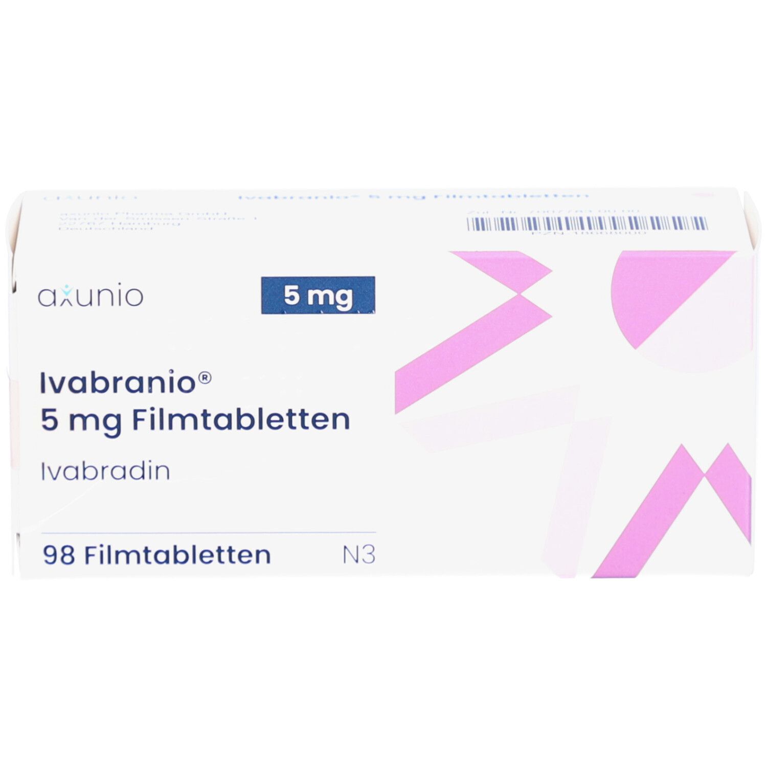 Schachtel mit IVABRANIO 5 mg Filmtabletten. Aufschrift: 5 mg, 98 Filmtabletten. Marke: axunio.