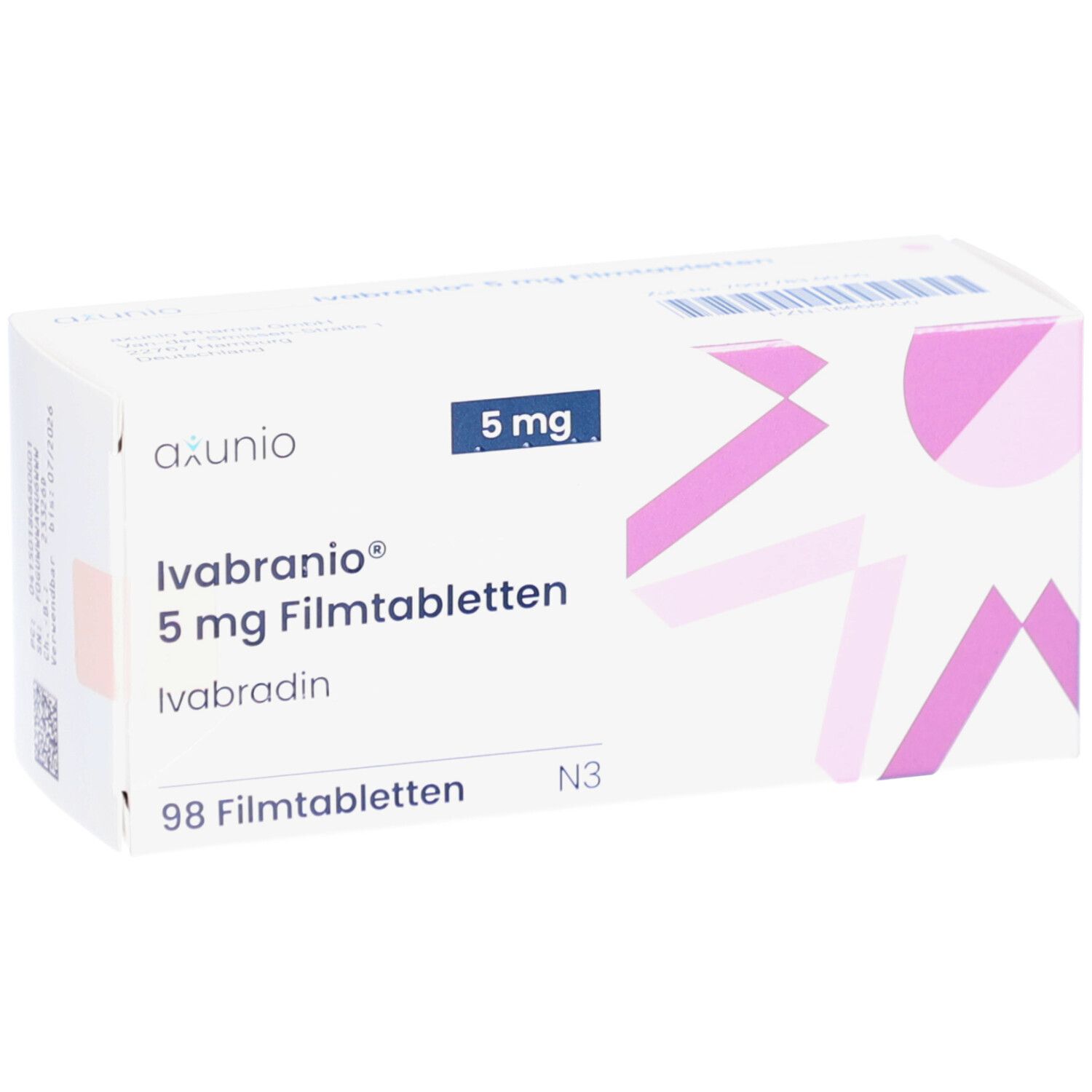 Schachtel mit IVABRANIO 5 mg Filmtabletten. Aufschrift: 5 mg, 98 Filmtabletten. Marke: axunio.