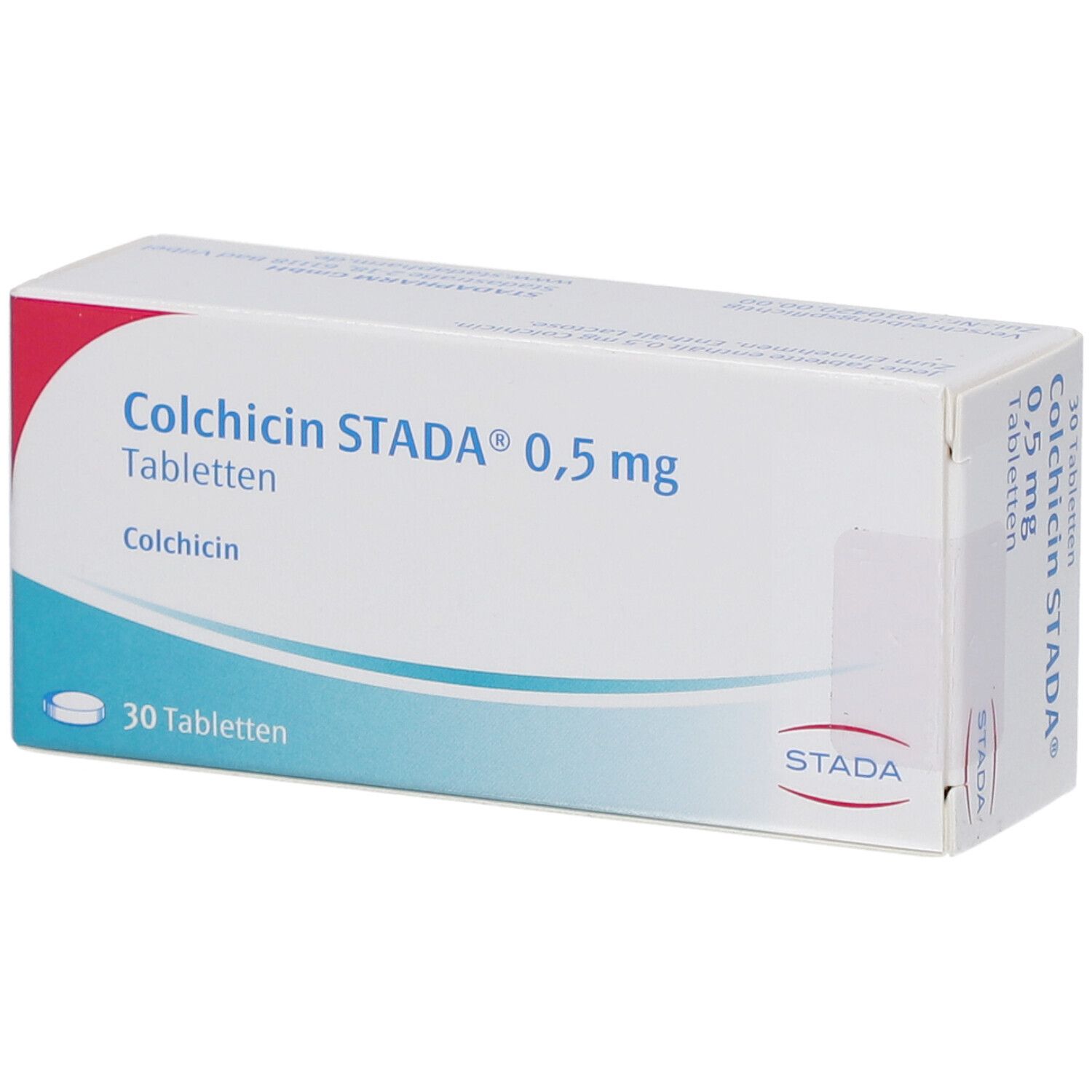 Schachtel mit COLCHICIN STADA 0,5 mg Tabletten. Aufschrift: 30 Tabletten, Colchicin. Logo STADA.
