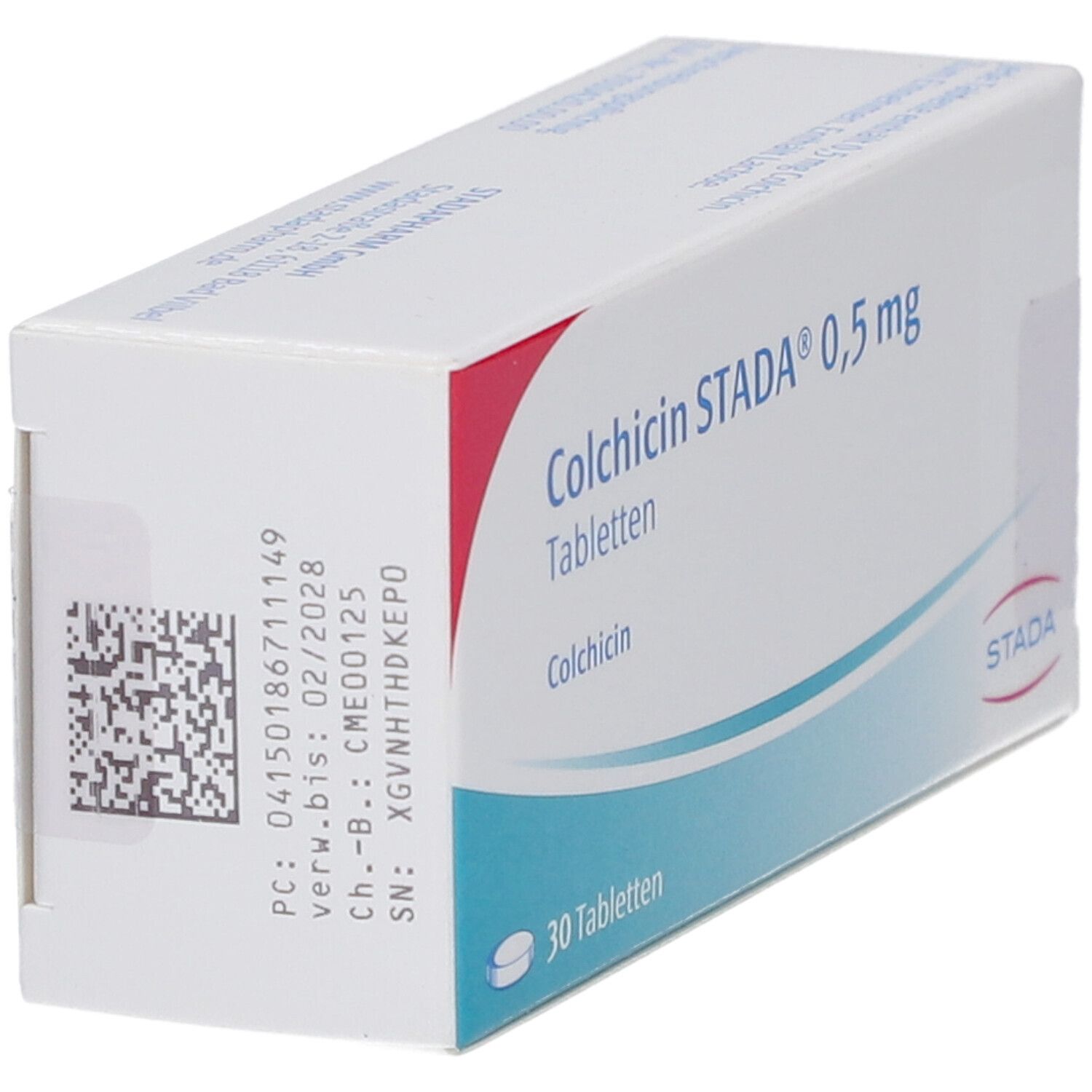 Schachtel COLCHICIN STADA 0,5 mg Tabletten. Aufschrift: 30 Tabletten, Colchicin. Logo STADA. Barcode und Chargennummer.