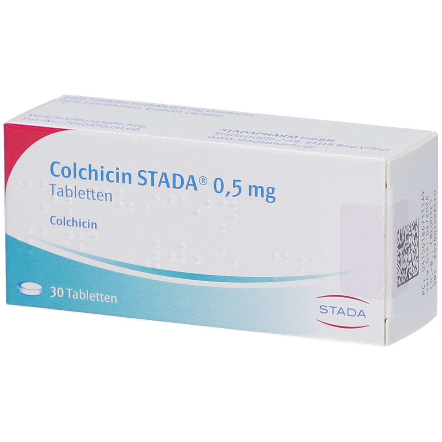 Schachtel mit COLCHICIN STADA 0,5 mg Tabletten. Aufschrift: 30 Tabletten, Colchicin. Logo STADA. Barcode.