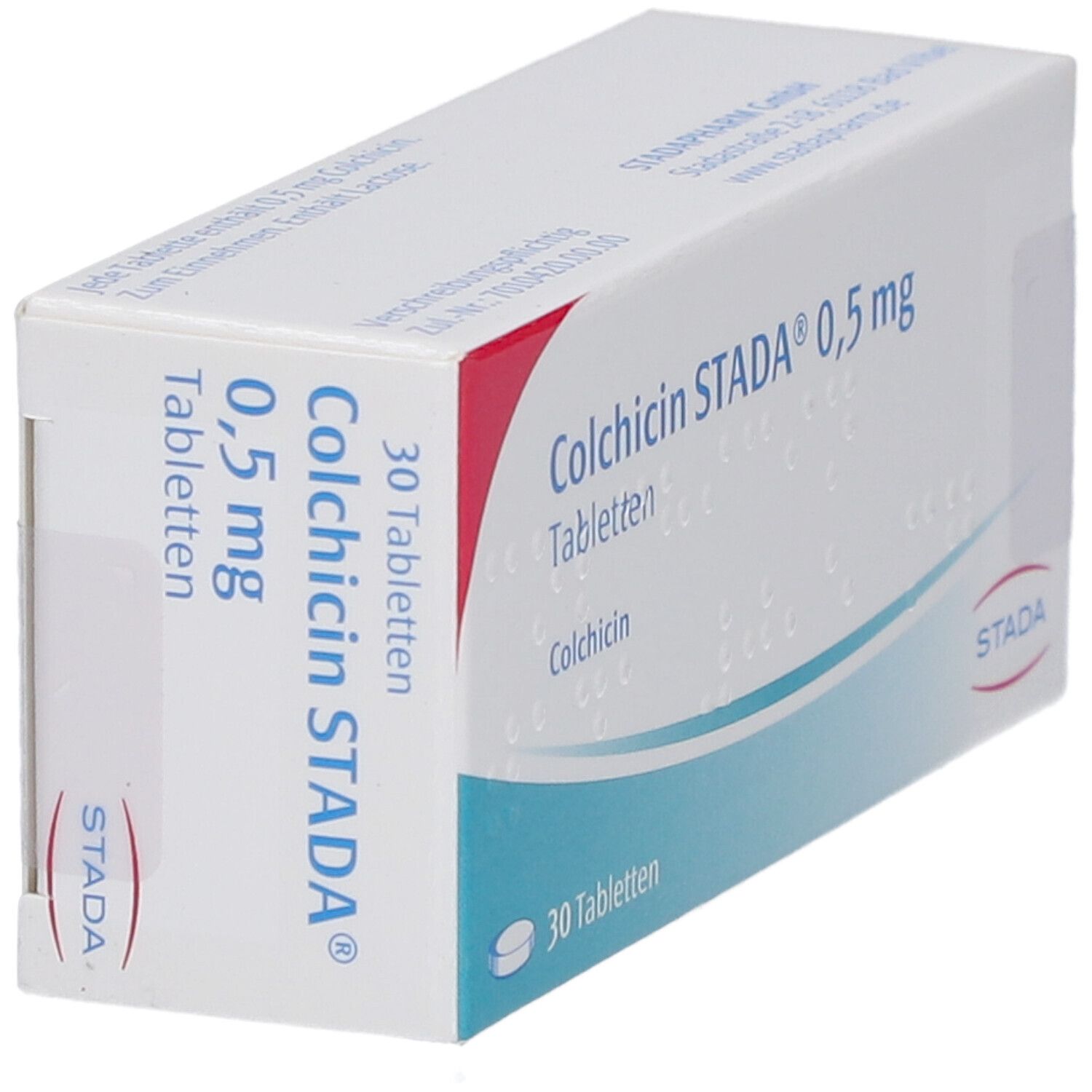 Schachtel COLCHICIN STADA 0,5 mg Tabletten. Aufschrift: 30 Tabletten, Colchicin. Logo STADA. Ansicht schräg von oben.