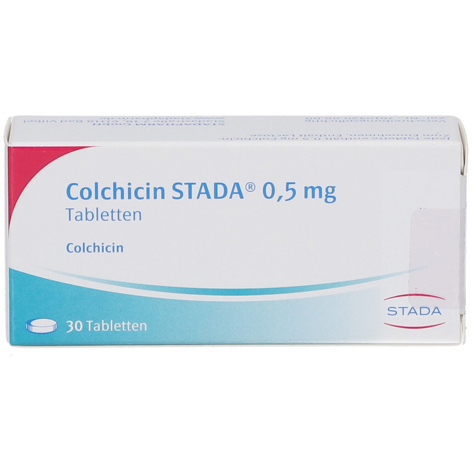 Schachtel mit COLCHICIN STADA 0,5 mg Tabletten. Aufschrift: 30 Tabletten, Colchicin. Logo STADA.