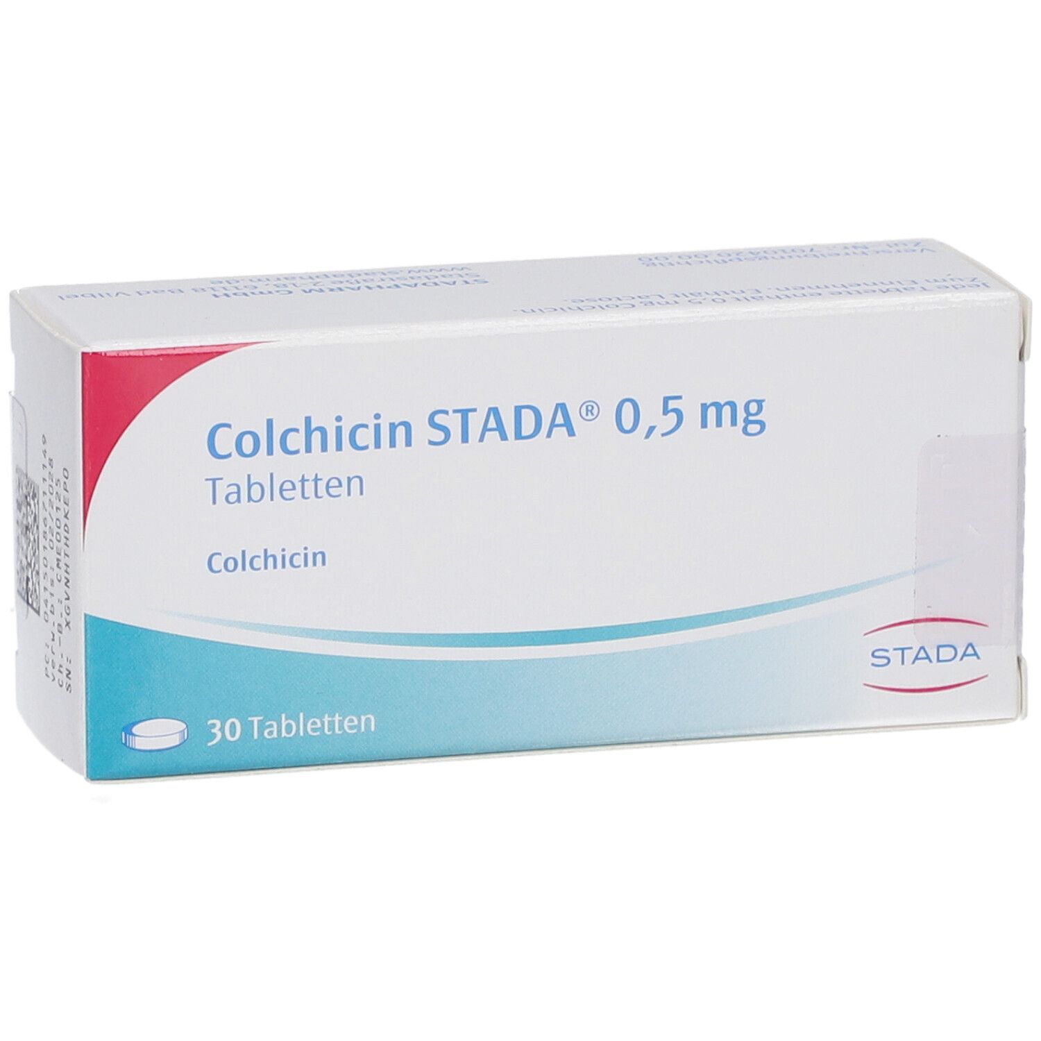 Schachtel mit COLCHICIN STADA 0,5 mg Tabletten. Aufschrift: 30 Tabletten, Colchicin. Logo STADA. Ansicht schräg.