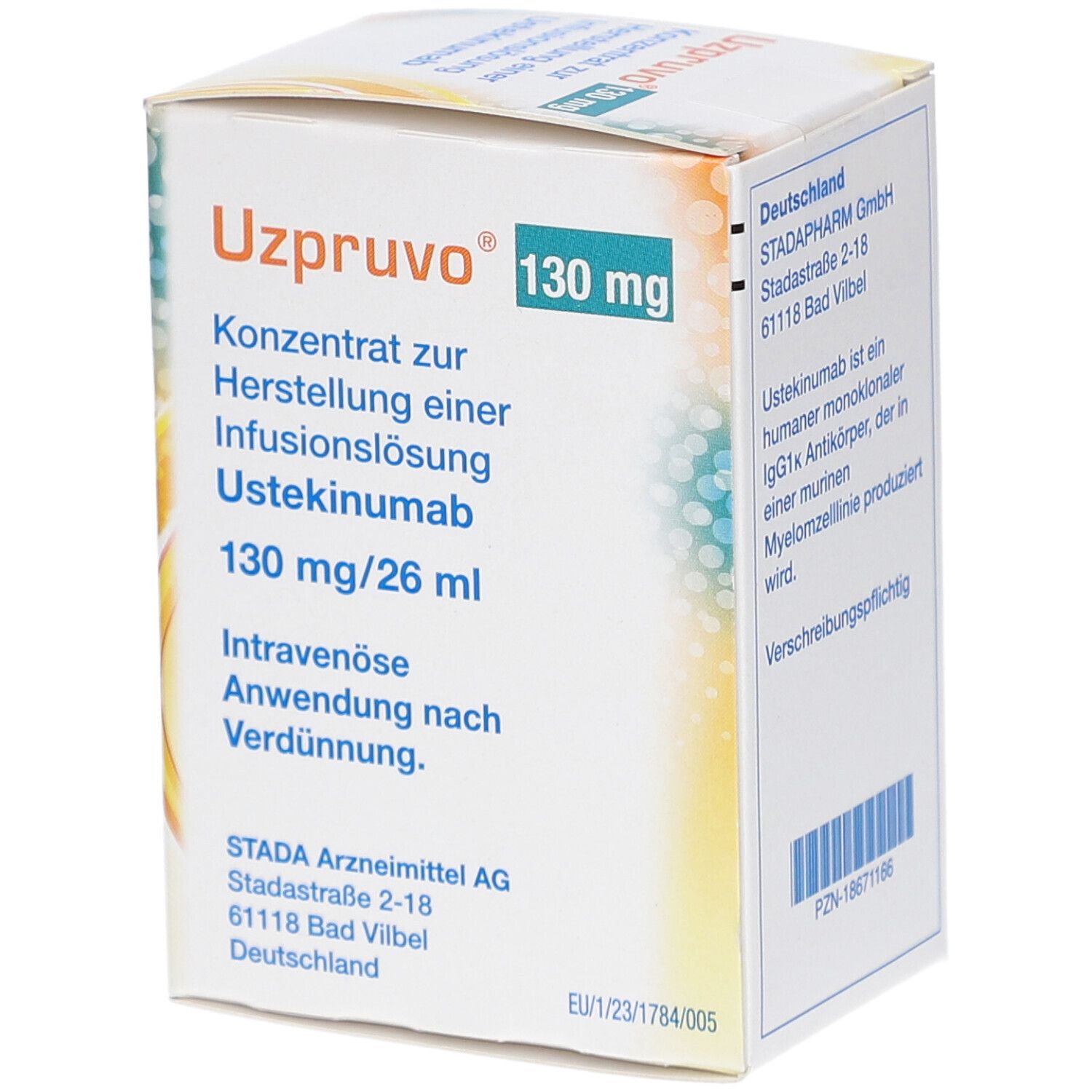 Karton UZPRUVO 130 mg. Konzentrat zur Herstellung einer Infusionslösung. Text und Logo. Weißer Hintergrund.