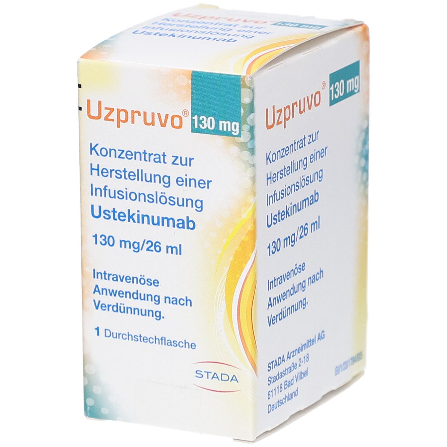 Karton UZPRUVO 130 mg. Konzentrat zur Herstellung einer Infusionslösung. Text und Logo. Mehrfarbig.