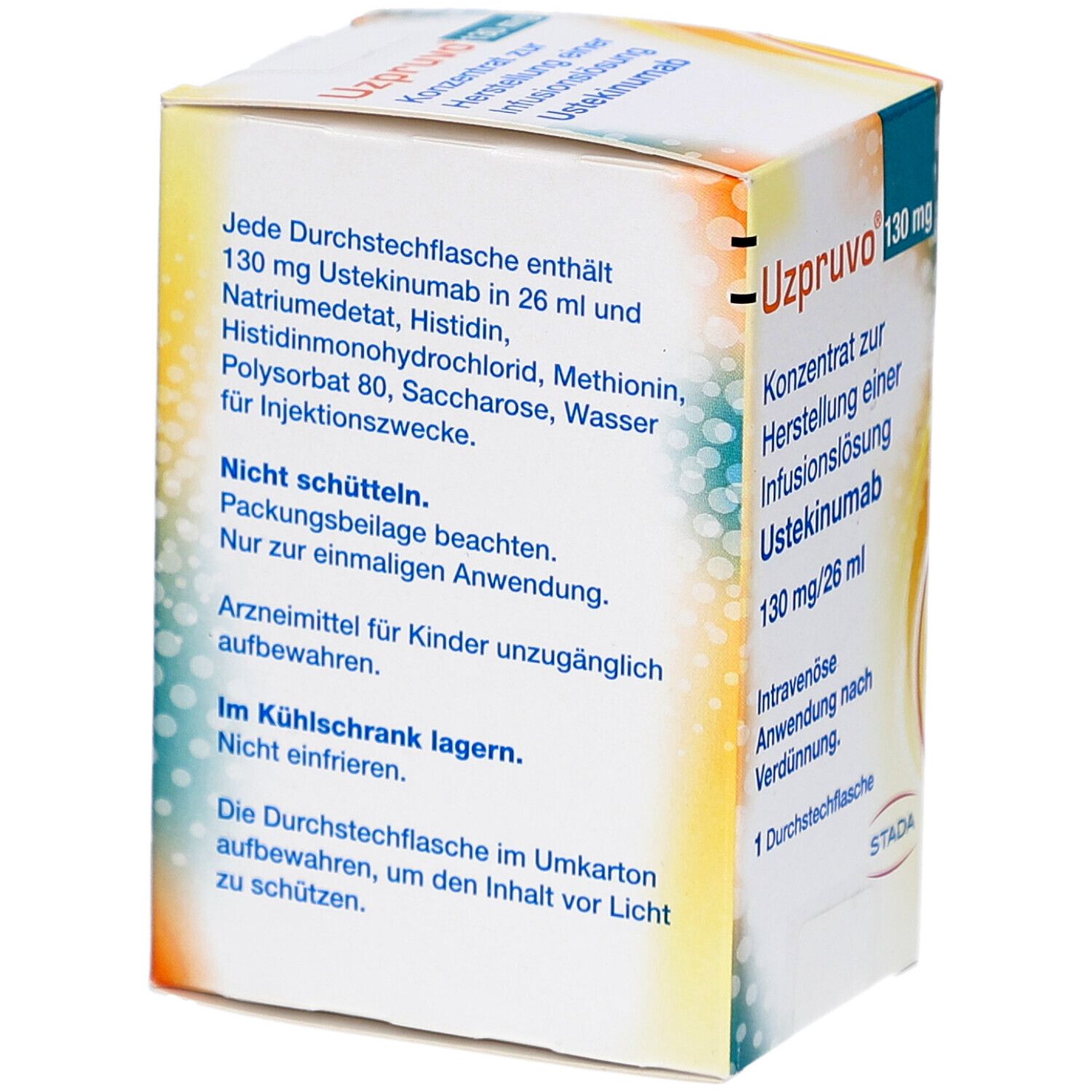 Rückseite der UZPRUVO 130 mg Packung. Text über Inhaltsstoffe, Lagerung und Anwendung. Weißer Hintergrund.