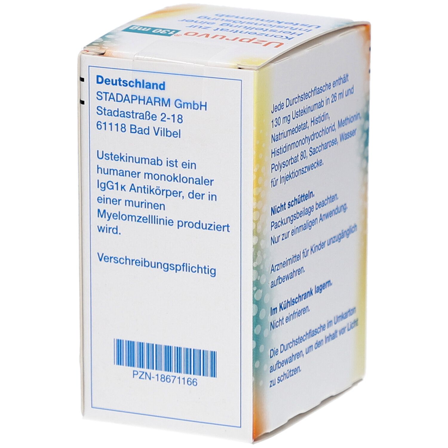 Seite der UZPRUVO 130 mg Packung. Text über Hersteller, Inhaltsstoffe und Barcode. Weißer Hintergrund.