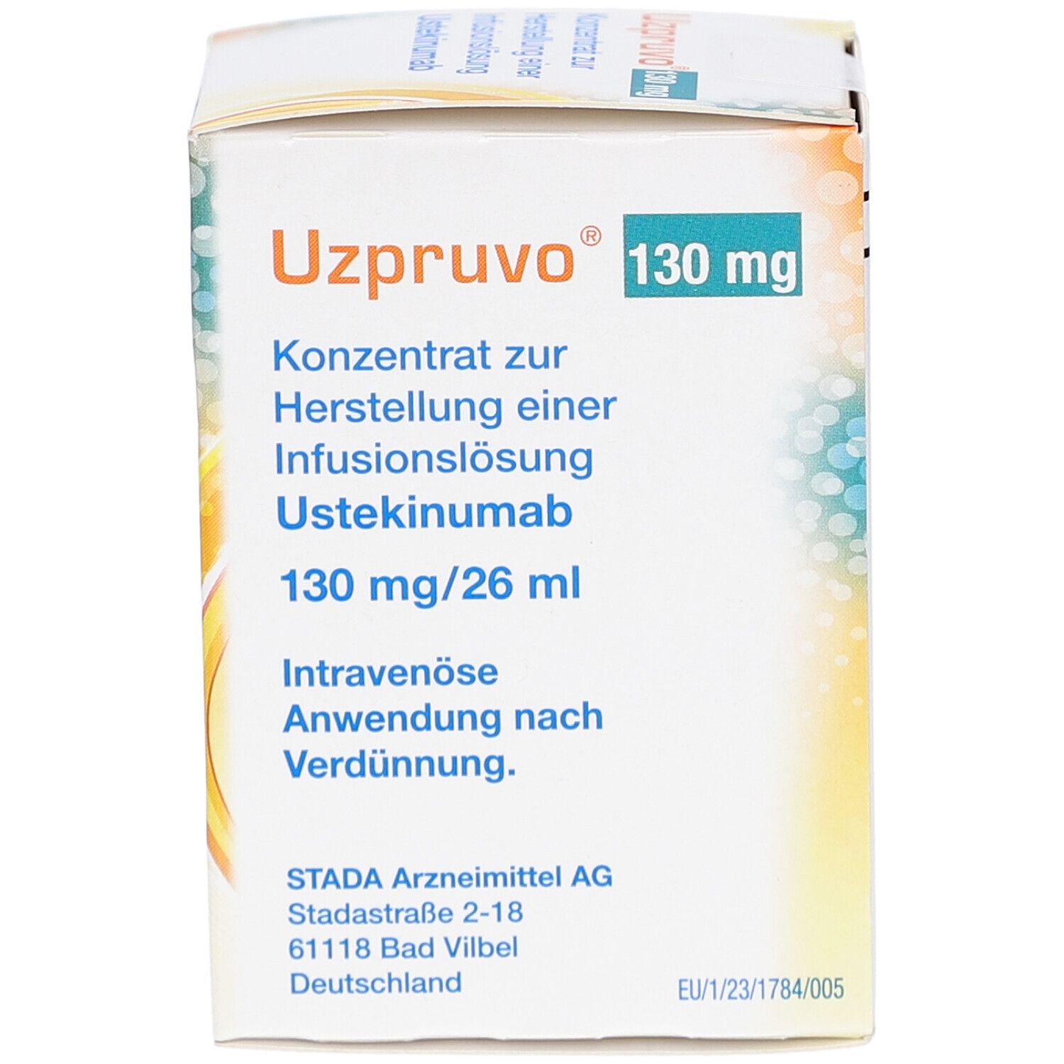 Vorderseite der UZPRUVO 130 mg Packung. Text und Logo. Weißer Hintergrund.
