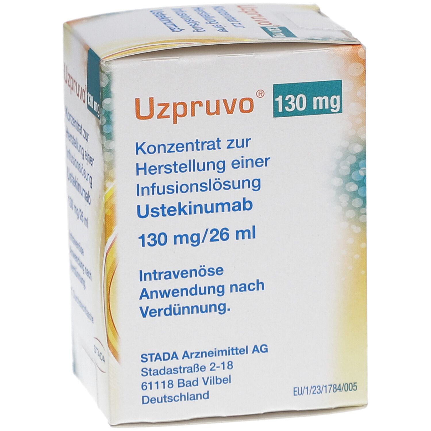 Vorderseite der UZPRUVO 130 mg Packung. Text und Logo. Weißer Hintergrund.
