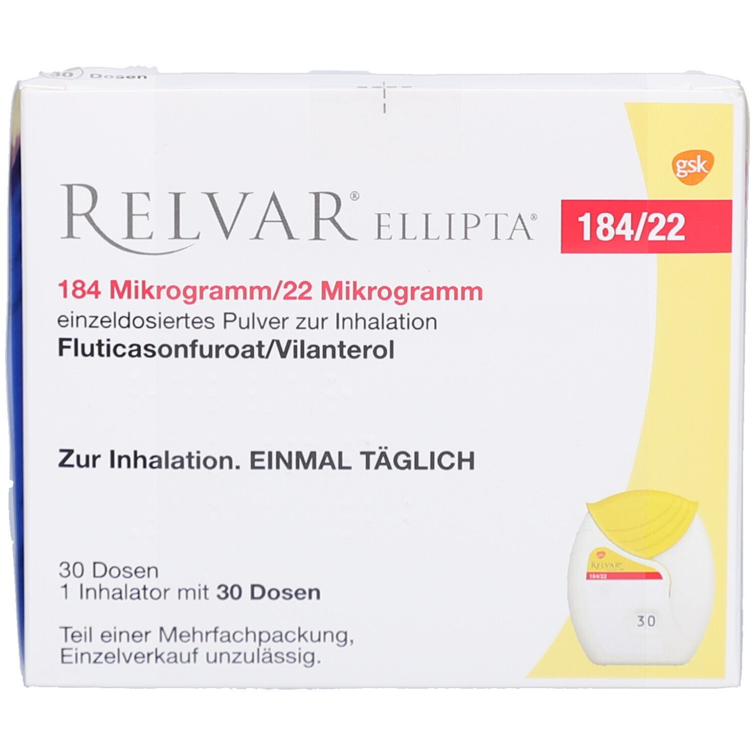 Packung RELVAR Ellipta. Weiß, mit roter und gelber Schrift. Enthält Inhalator und 30 Dosen. Einzelverkauf unzulässig.