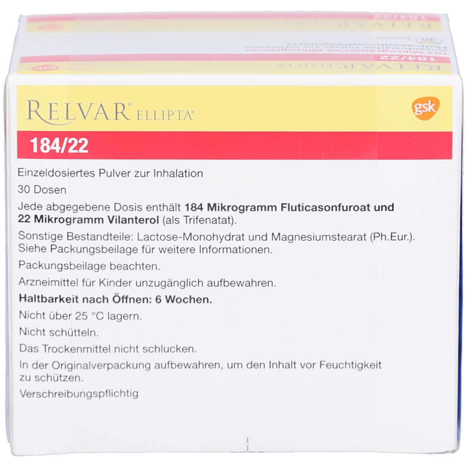Packungsbeilage RELVAR Ellipta. Enthält Informationen zu Dosierung, Inhaltsstoffen und Haltbarkeit. Text in deutscher Sprache.