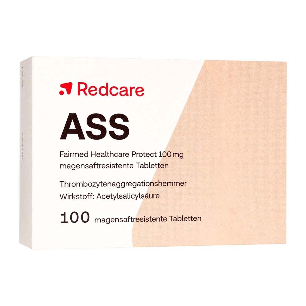 Schachtel mit Redcare ASS 100 mg Tabletten. Aufschrift: ASS, Fairmed Healthcare Protect, 100 Tabletten.