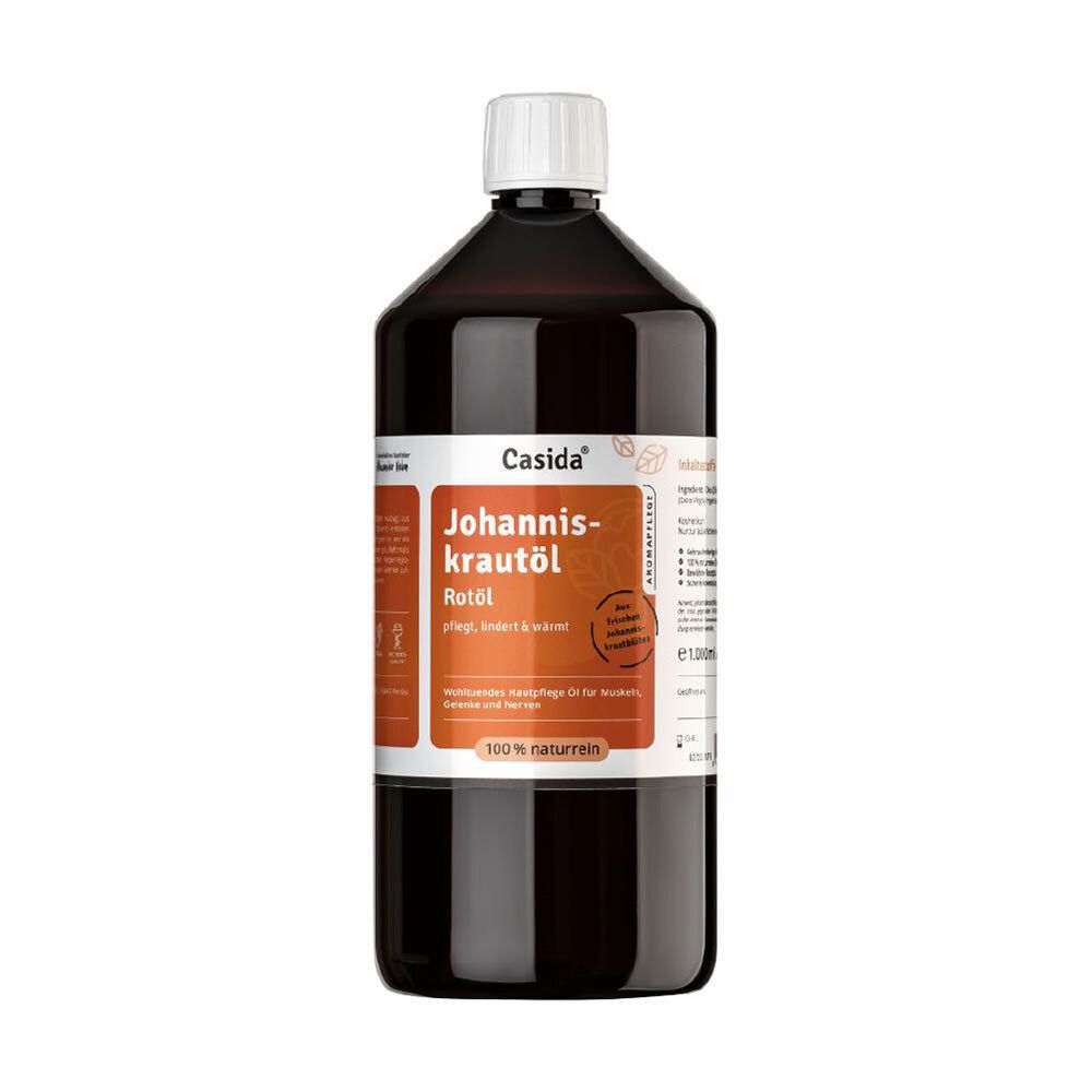Braune Flasche mit weißem Deckel. Etikett mit Produktnamen und Marke Casida® Johanniskrautöl Rotöl.