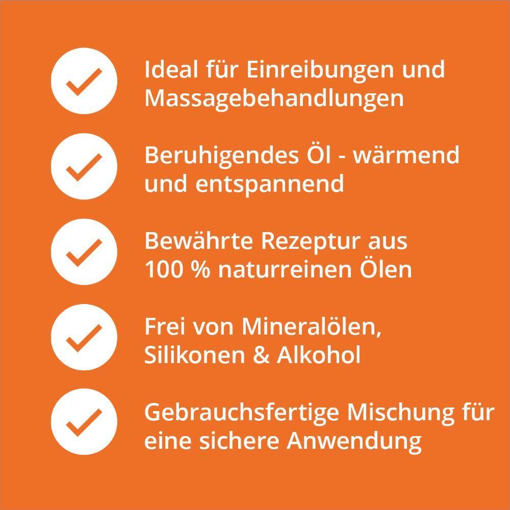 Orangefarbene Infografik mit Text: Ideal für Einreibungen, beruhigend, 100% naturrein, frei von Mineralölen, gebrauchsfertig.