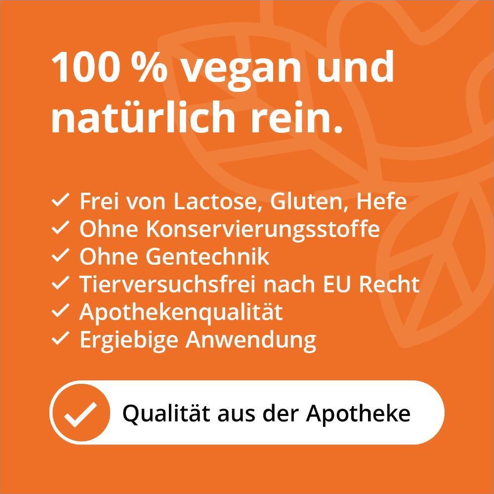 Orangefarbene Infografik mit Text: 100% vegan und natürlich rein. Frei von Laktose, Gluten, Hefe, ohne Gentechnik, Apothekenqualität.