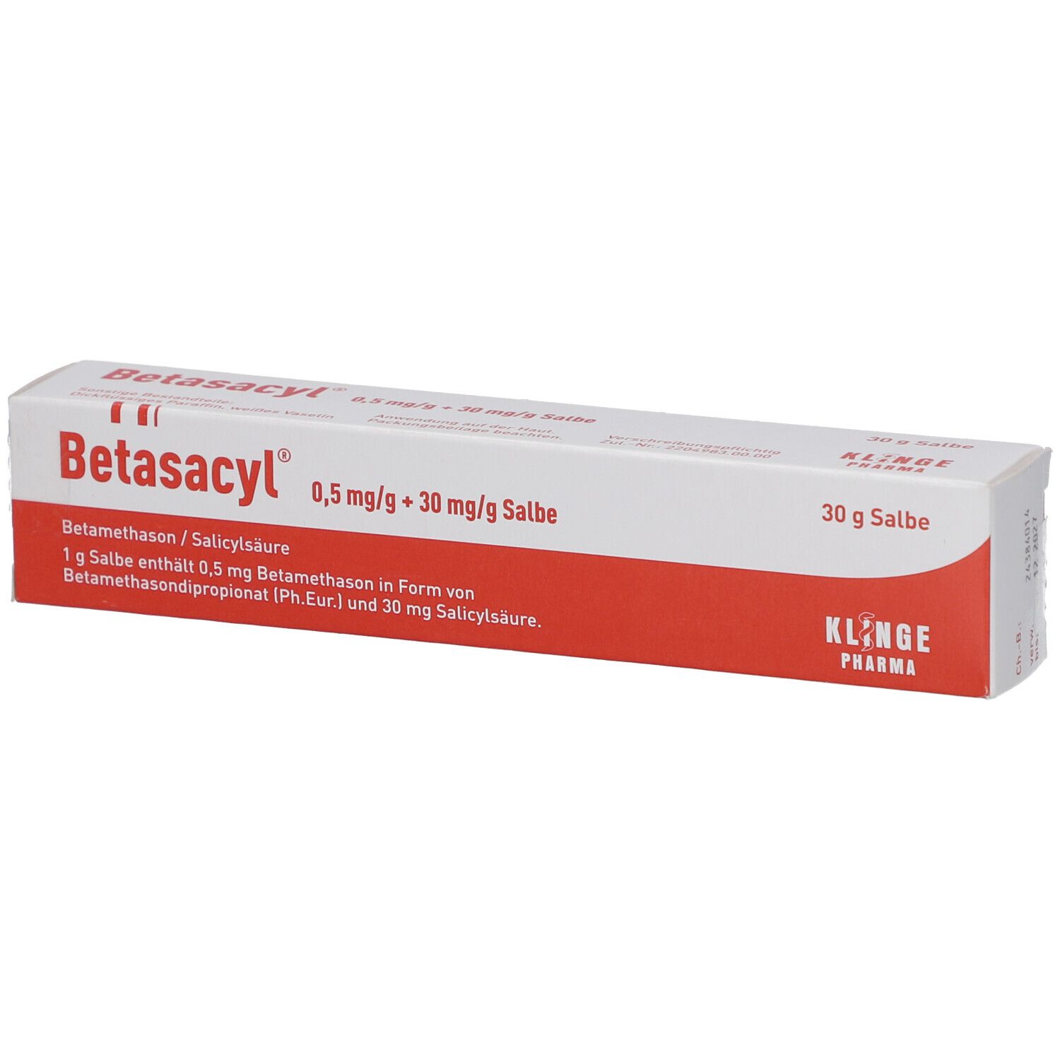 Verpackung von Betasacyl Salbe. Weißer Karton mit rotem Streifen. Aufschrift: 0,5 mg/g + 30 mg/g Salbe. 30 g Salbe. Klinge Pharma.