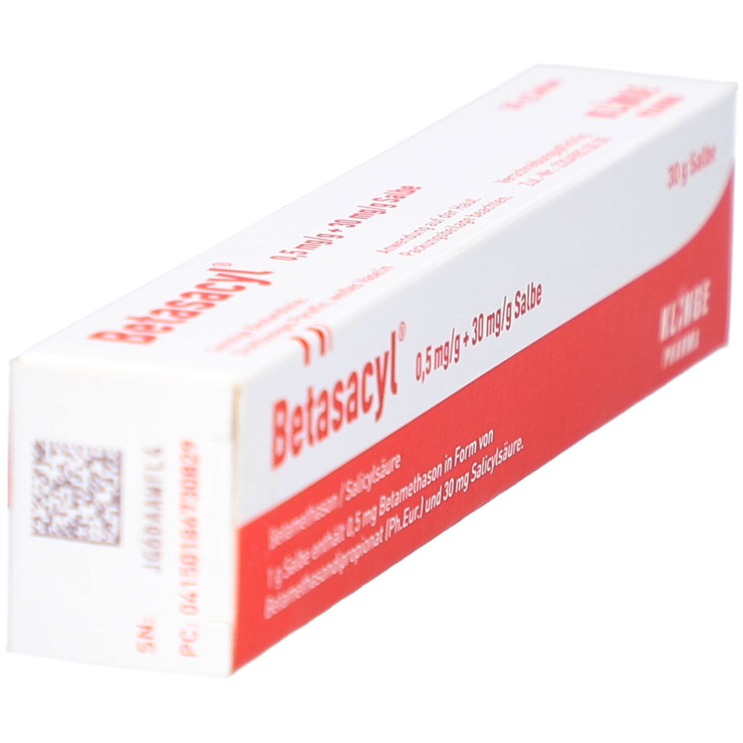 Betasacyl Salbe Verpackung. Weißer Karton mit rotem Streifen. Aufschrift: 0,5 mg/g + 30 mg/g Salbe. 30 g Salbe. Klinge Pharma. Barcode.