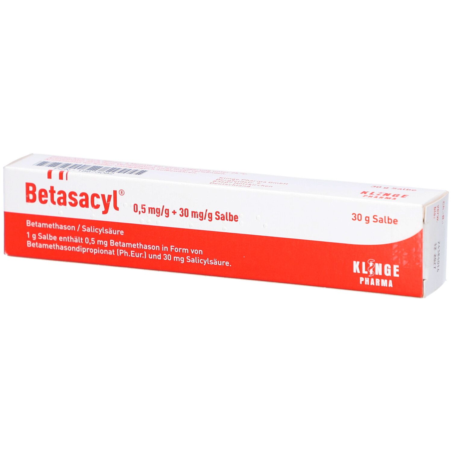 Verpackung von Betasacyl Salbe. Weißer Karton mit rotem Streifen. Aufschrift: 0,5 mg/g + 30 mg/g Salbe. 30 g Salbe. Klinge Pharma.