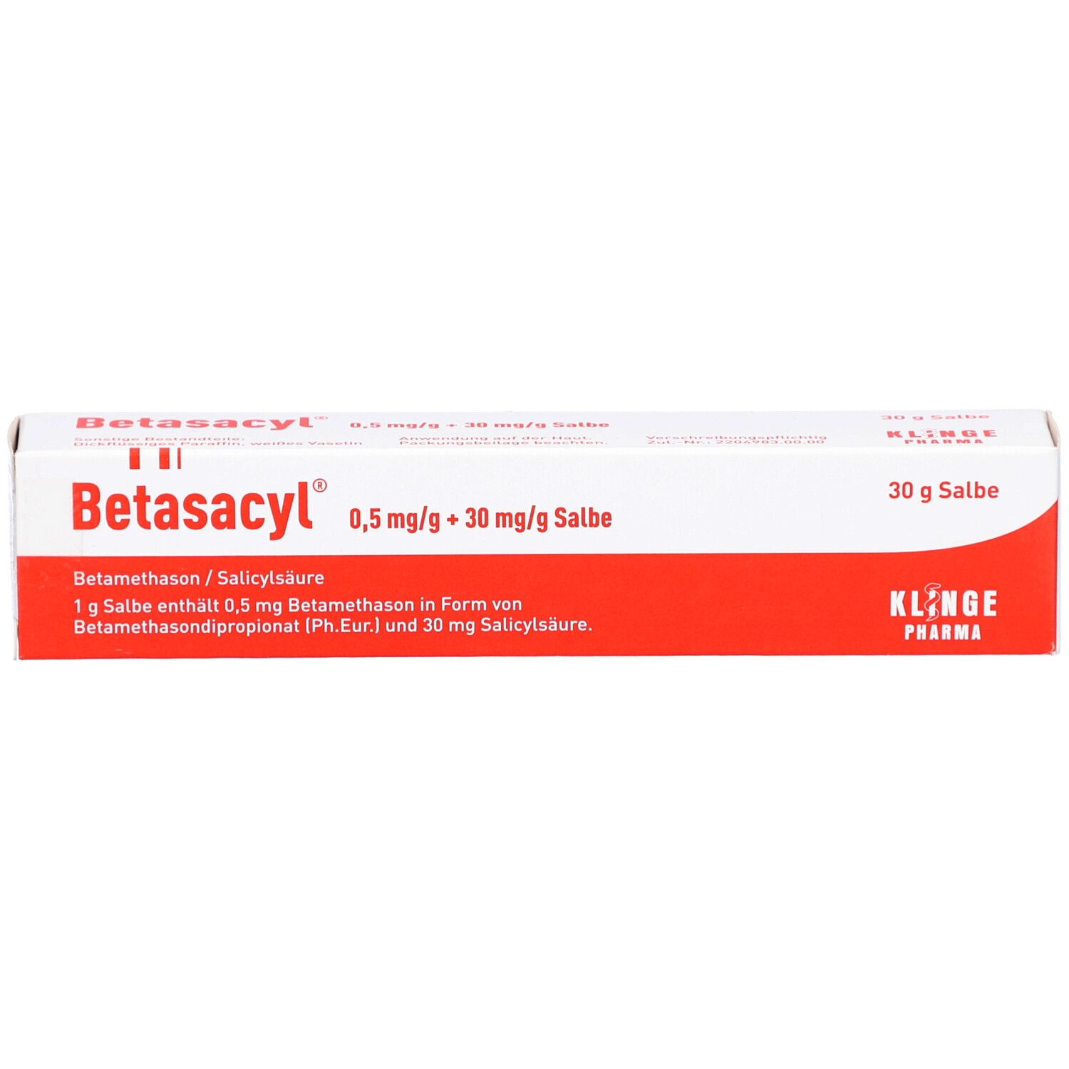 Verpackung von Betasacyl Salbe. Weißer Karton mit rotem Streifen. Aufschrift: 0,5 mg/g + 30 mg/g Salbe. 30 g Salbe. Klinge Pharma.