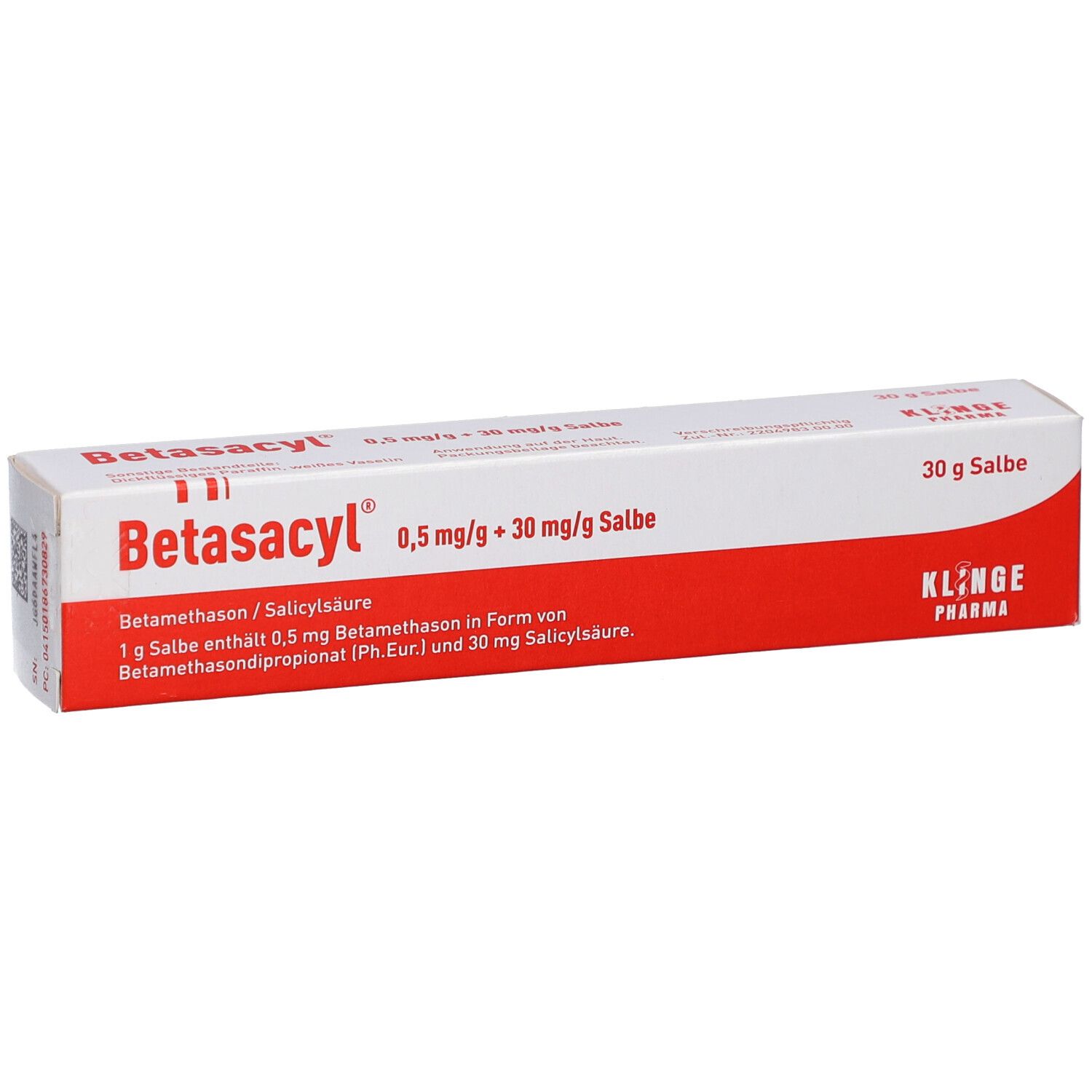 Verpackung von Betasacyl Salbe. Weißer Karton mit rotem Streifen. Aufschrift: 0,5 mg/g + 30 mg/g Salbe. 30 g Salbe. Klinge Pharma.