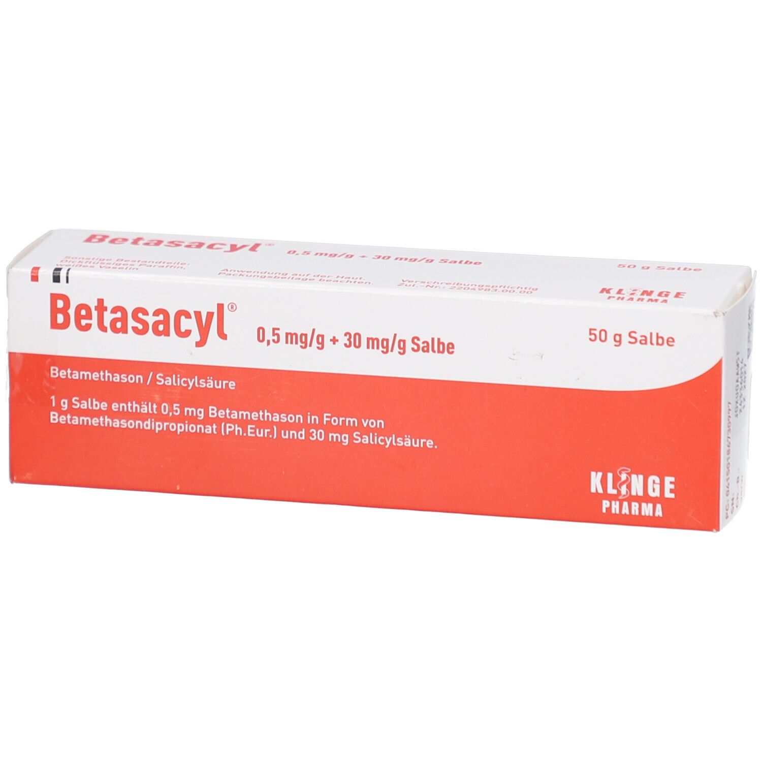 Weiße und rote Faltschachtel mit Produktinformationen. Aufschrift: Betasacyl 0,5 mg/g + 30 mg/g Salbe. Klinge Pharma.