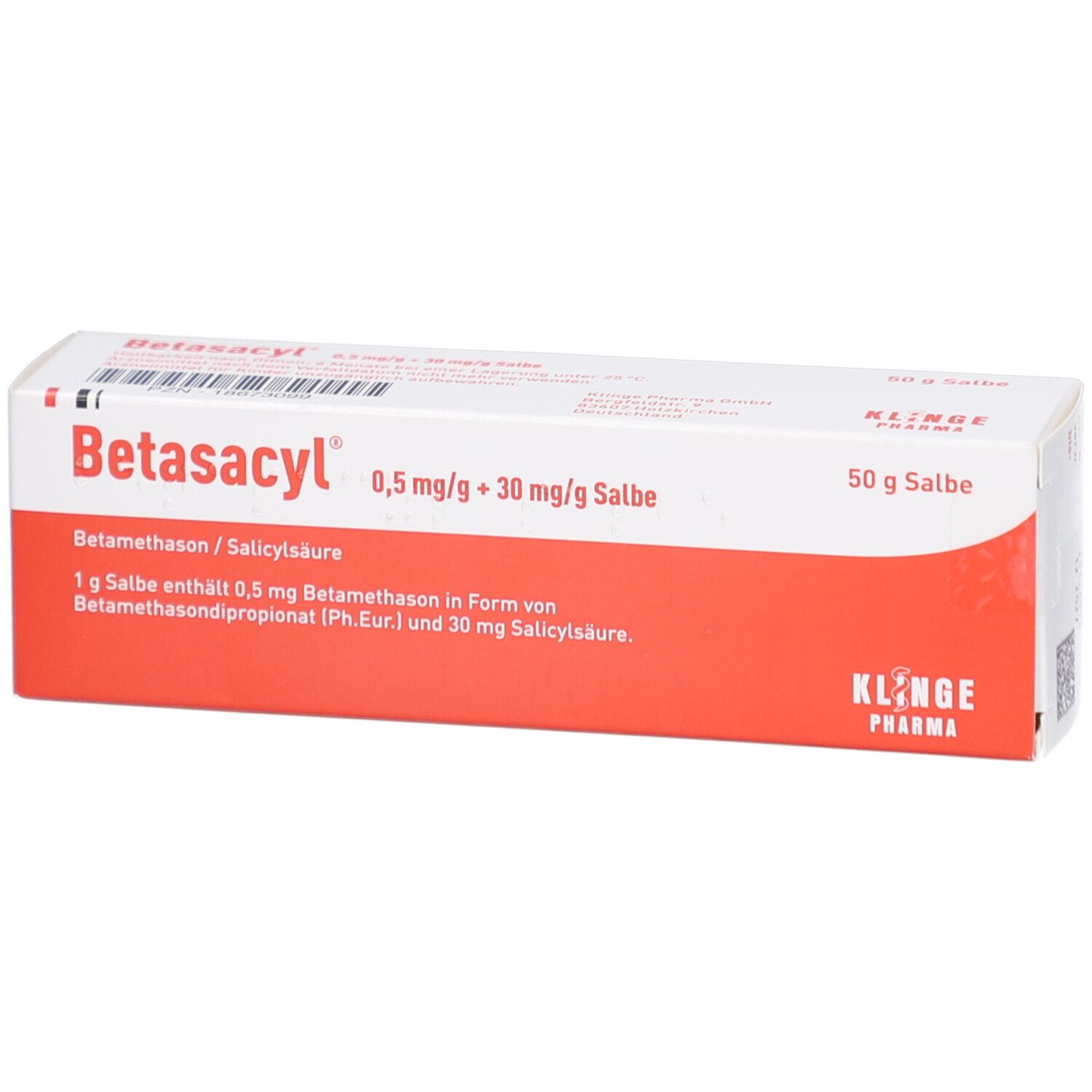 Weiße und rote Faltschachtel mit Produktinformationen. Aufschrift: Betasacyl 0,5 mg/g + 30 mg/g Salbe. Klinge Pharma.