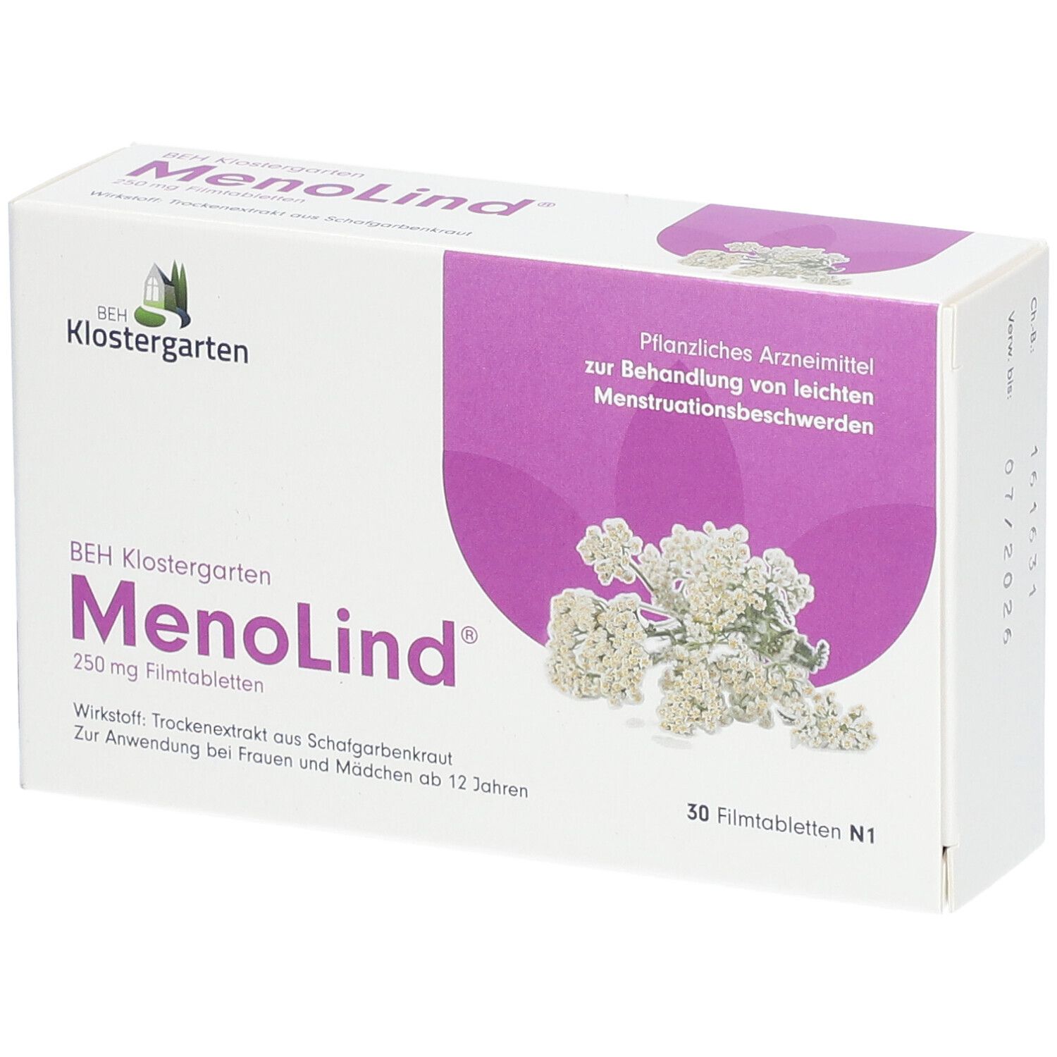 MenoLind®-Packung. Weißer Karton mit lila Akzenten. Text: BEH Klostergarten, 250 mg Filmtabletten, 30 Stück.